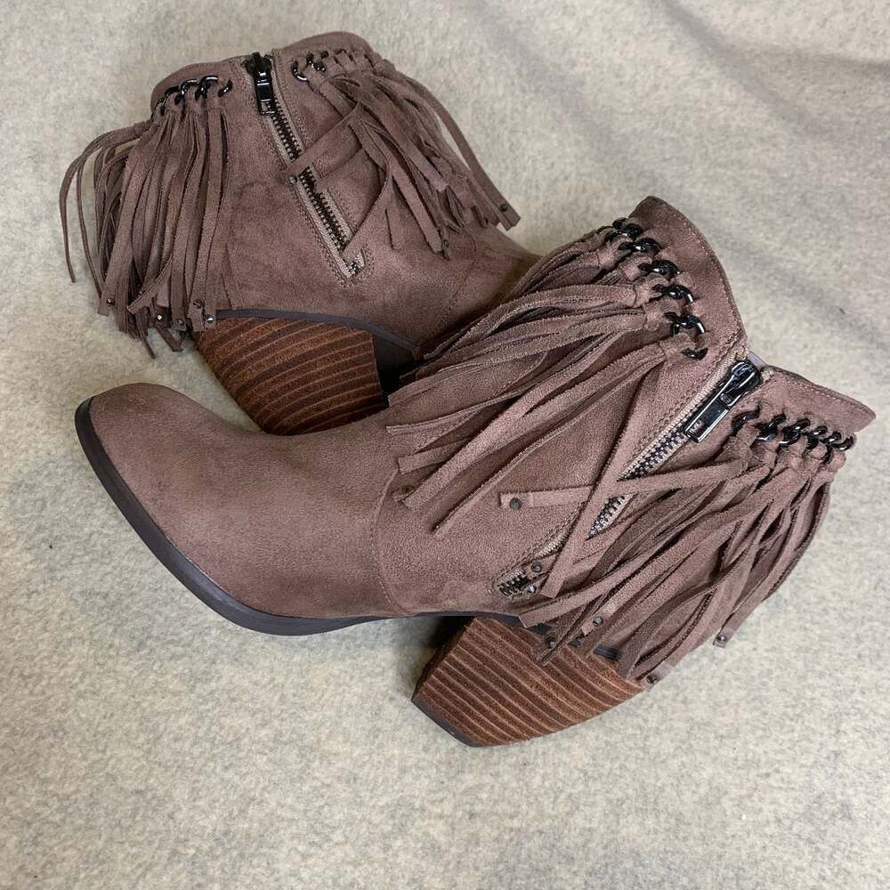 Not Rated Ayita Taupe Fringe & Chain Western Ankle Booties - Picture 3 of 7